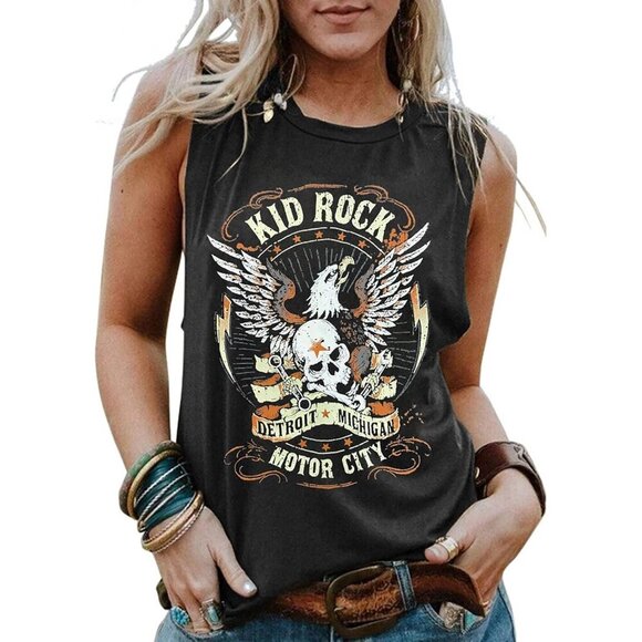 Tops - Women's Cotton Blend Skeleton Eagle Tank Top Vintage Music Sleeveless Casual
